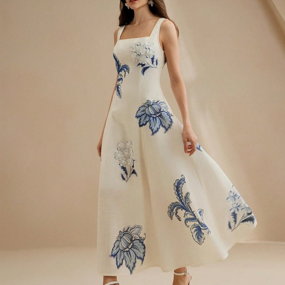 Multicolor Elegant Women's Floral Maxi Slip Dress with 3D Flowers - Picture 4 of 7